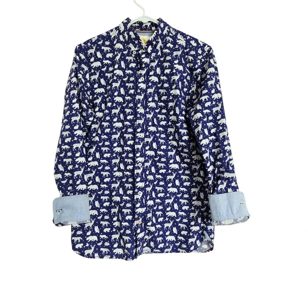 Boden Boys Woodland Animal Print Button Down Shirt Blue Cotton 13-14Y Youth Long